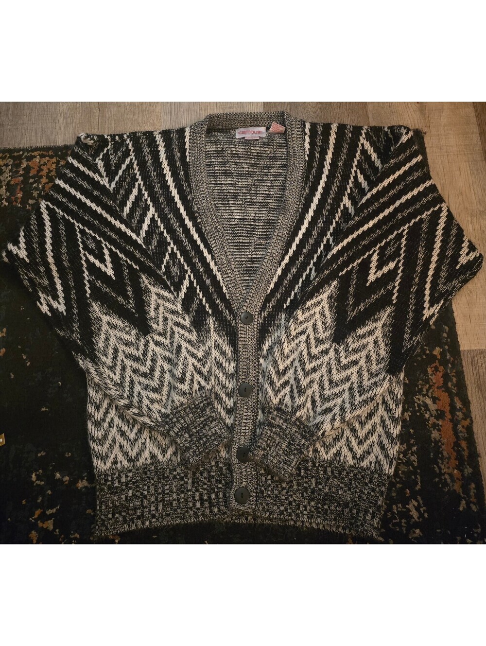 Vintage 80s Campus Chevron Geometric Knit Cardigan Sweater Size M